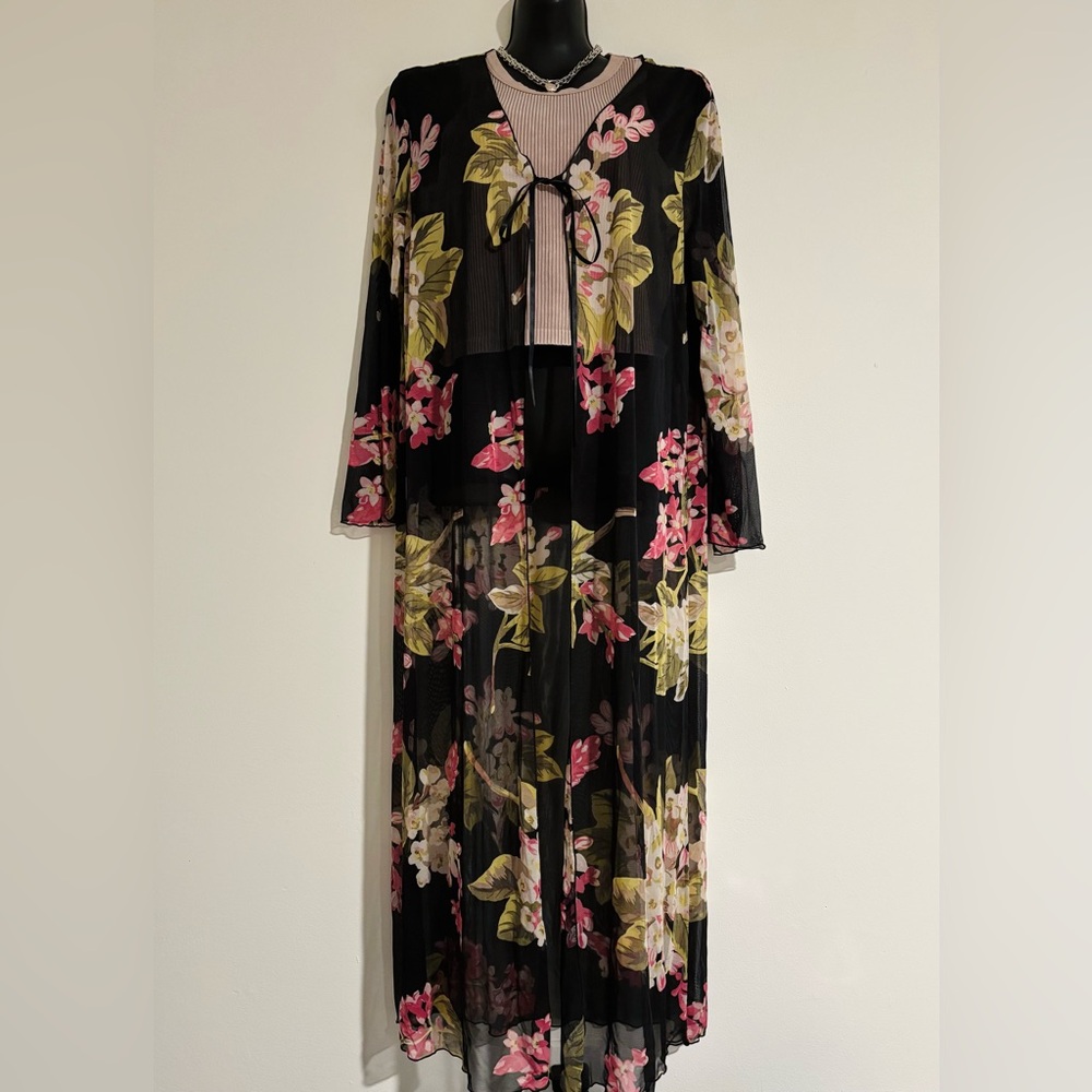 RARE Long VS Sheer Floral Lingerie Robe Topper Ribbon pink green black